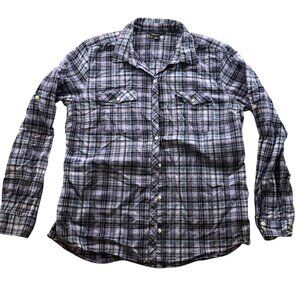 Eddie Bauer Womens Shirt Large Long Sleeve Plaid Button Up Classic Casual Purple